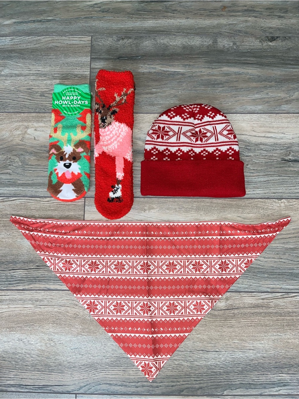 Holiday Red Knit Beanie + Festive Socks & Dog Bandana Set